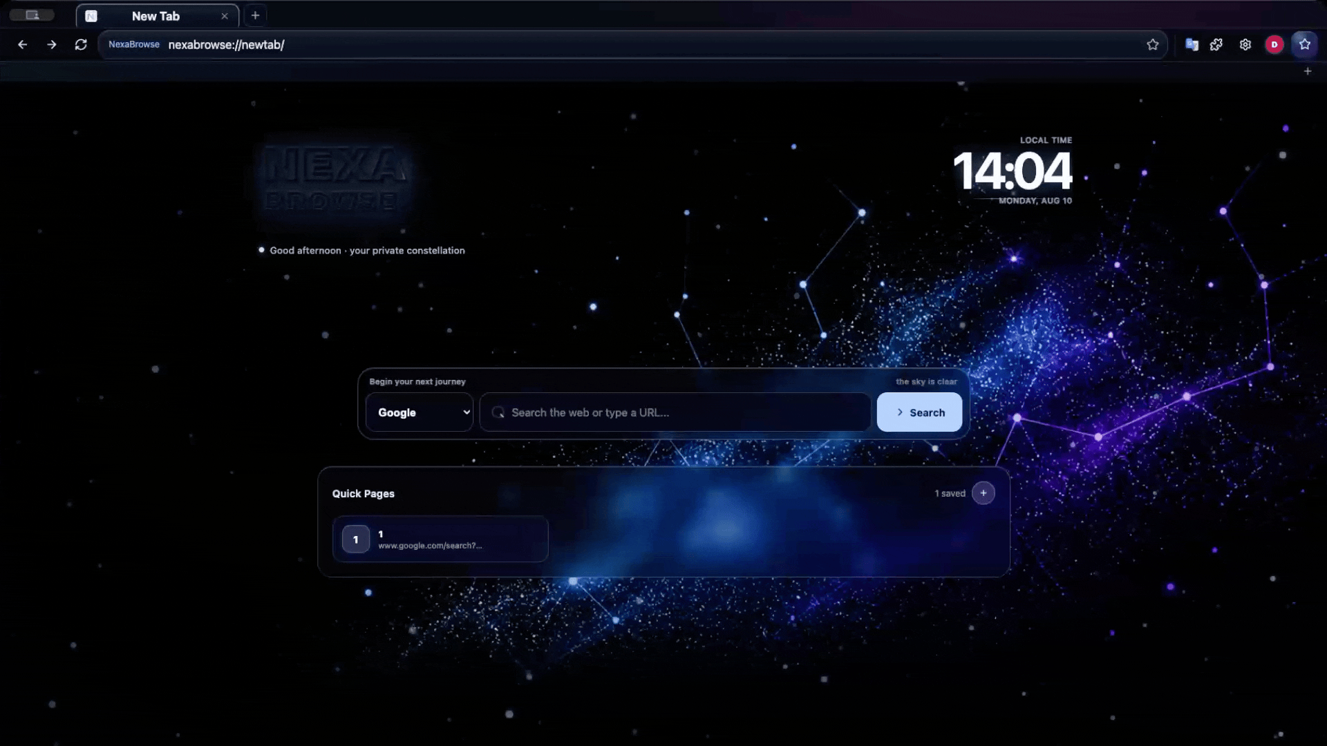 NexaBrowse new tab screen with search and agent-friendly browser controls