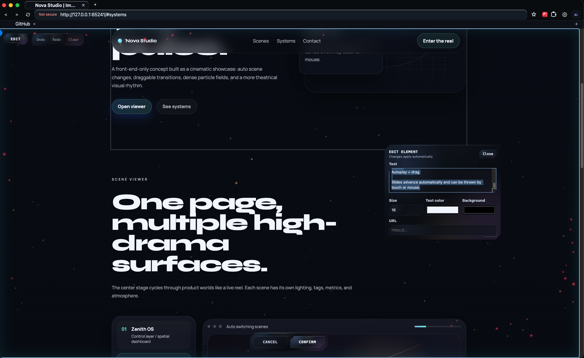 NexaBrowse edit panel for changing selected text directly in a local website preview